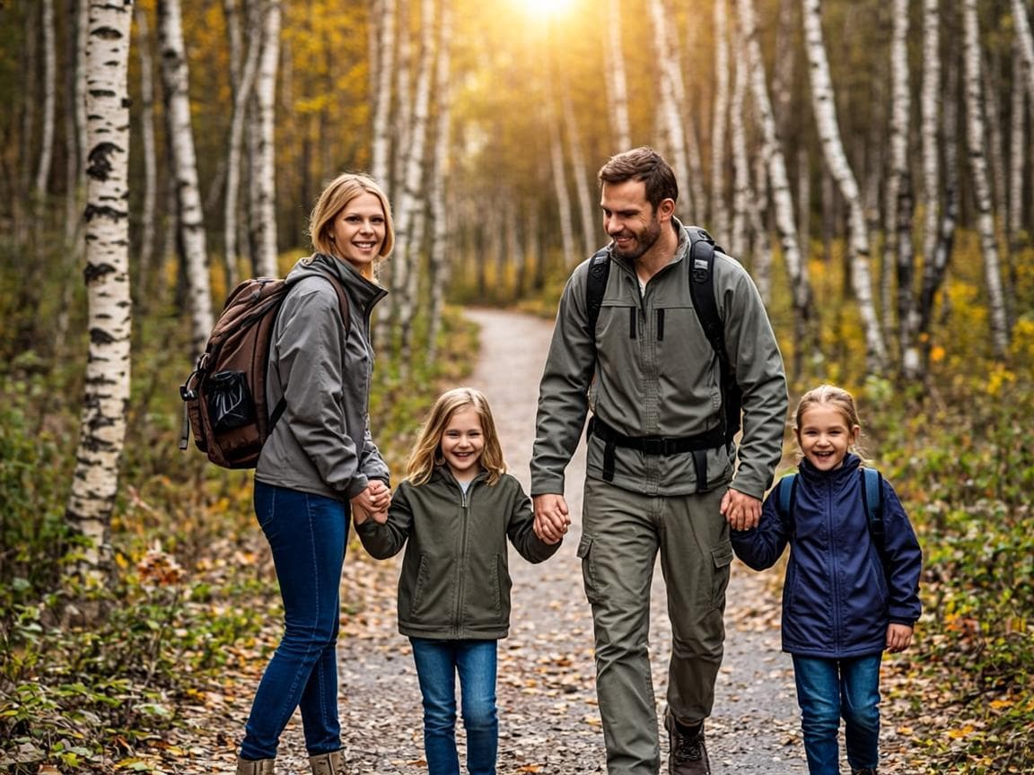 Familie med barn på tur i norsk skog med rygg­sekker