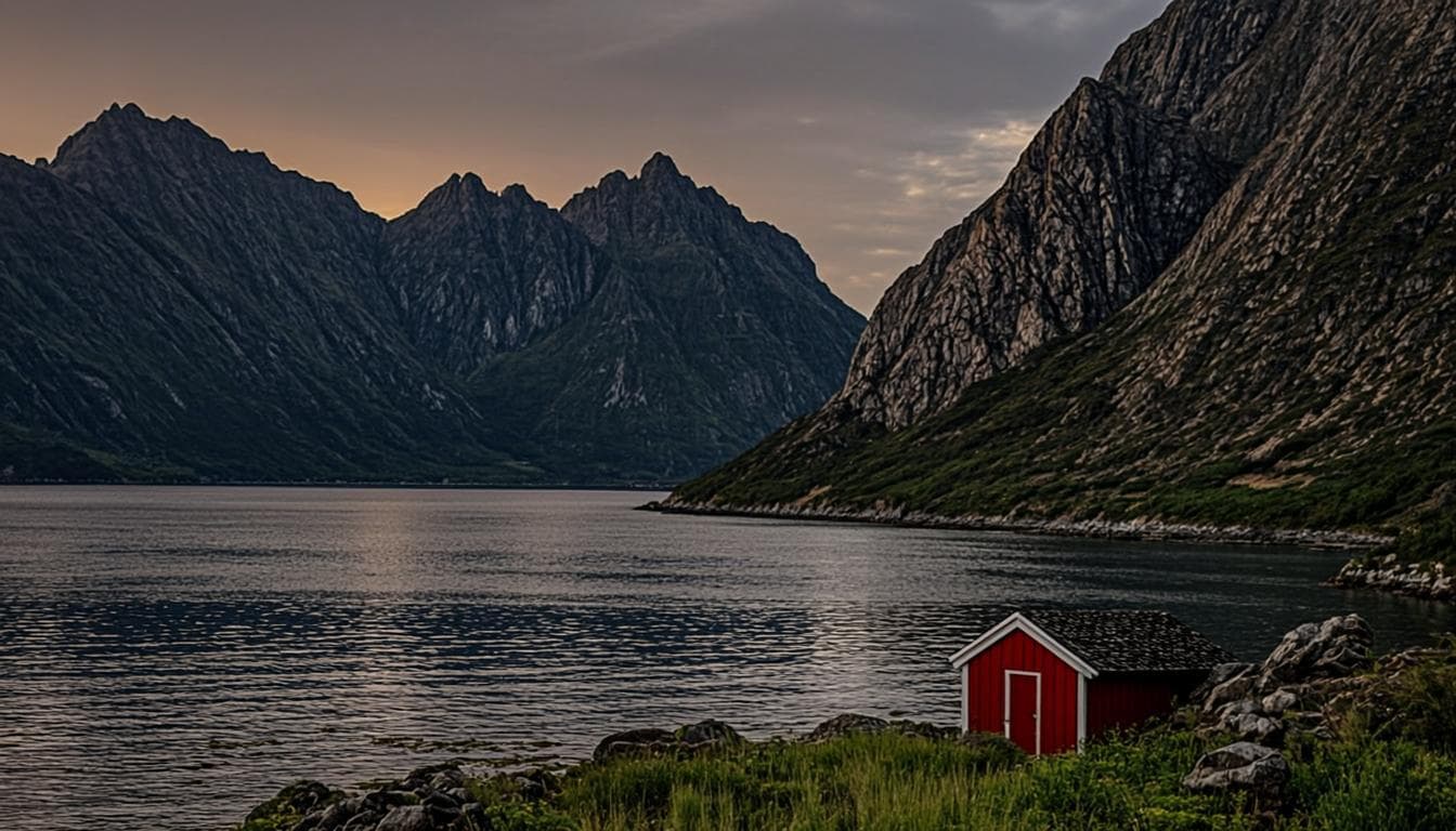 Norsk fjordlandskap med rød hytte ved vannet i kveldslys