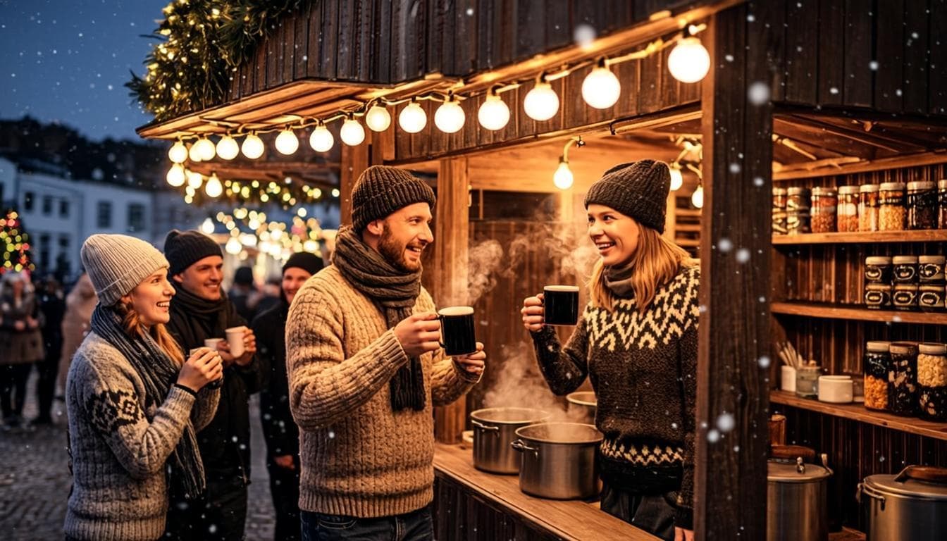 Julemarked i norsk vinterkveld med tente lys og snøfall