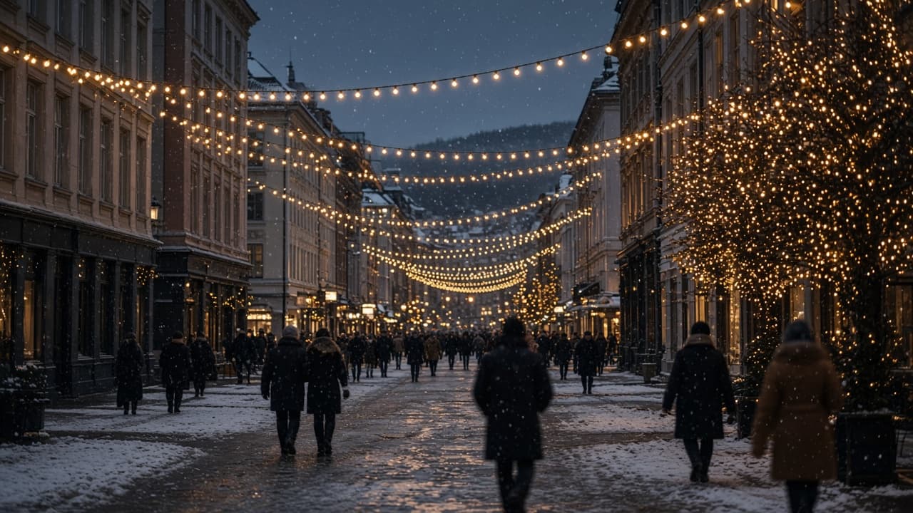 Norsk julegate med lyslenker over gågata i førjulsmørket