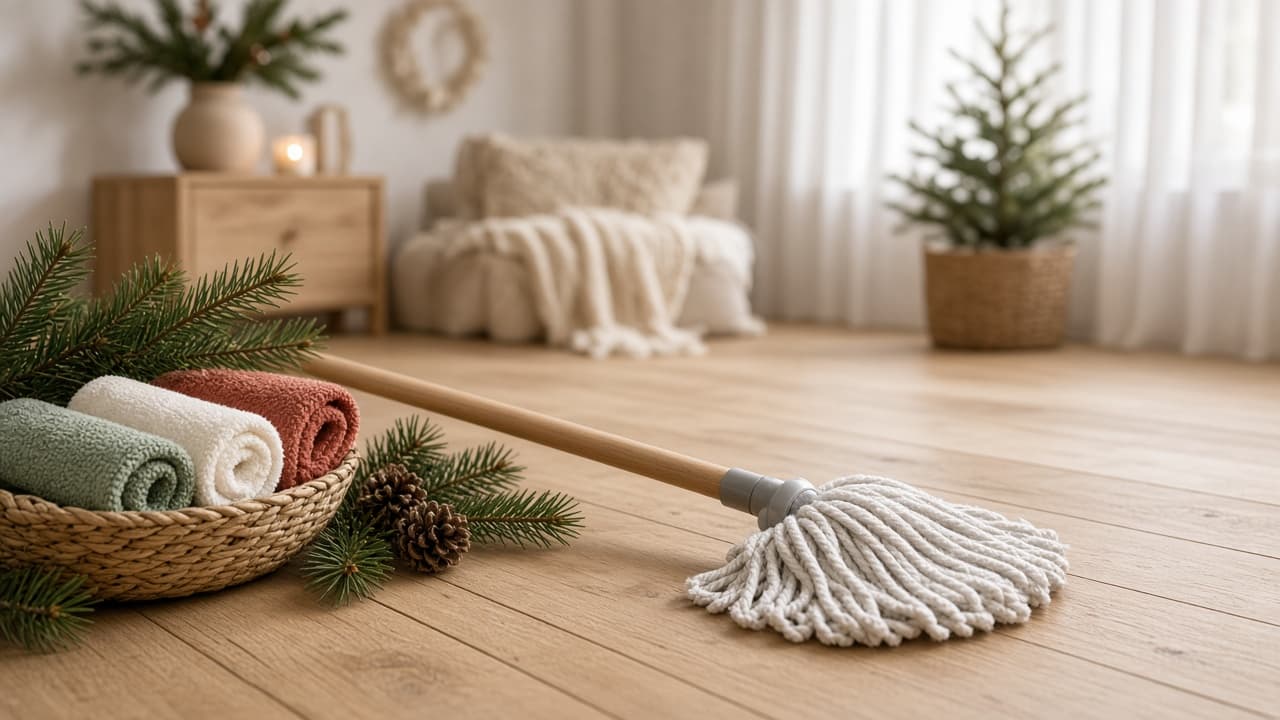 Rengjøringsutstyr og ryddet stue klar for julefeiring