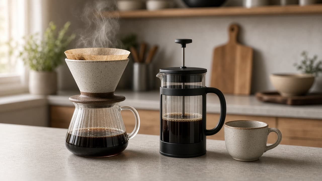 Nytraktet kaffe i kopp og french press på kjøkkenbord