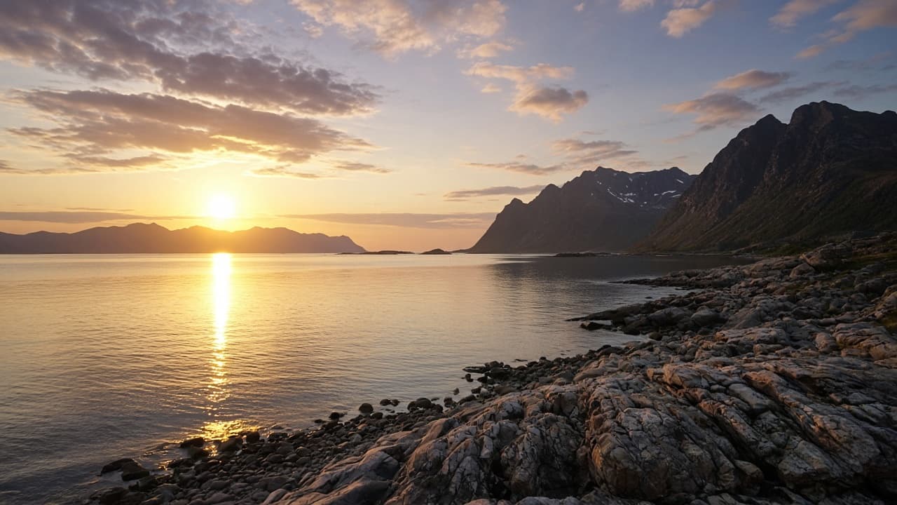 Sol lavt over nordnorsk landskap ved midnatt – midnattssol