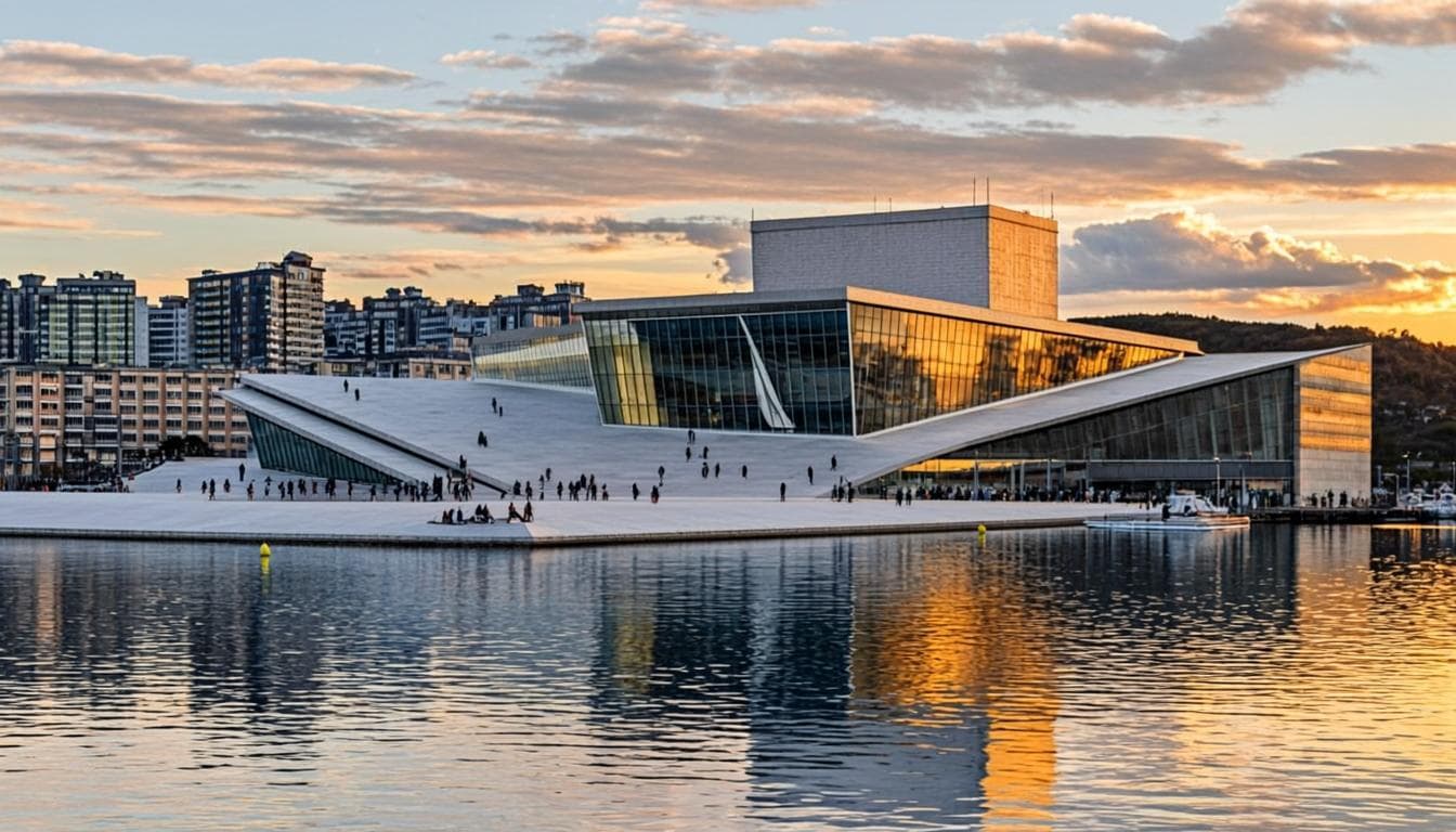 Oslo operahus og havnefront i kveldslys