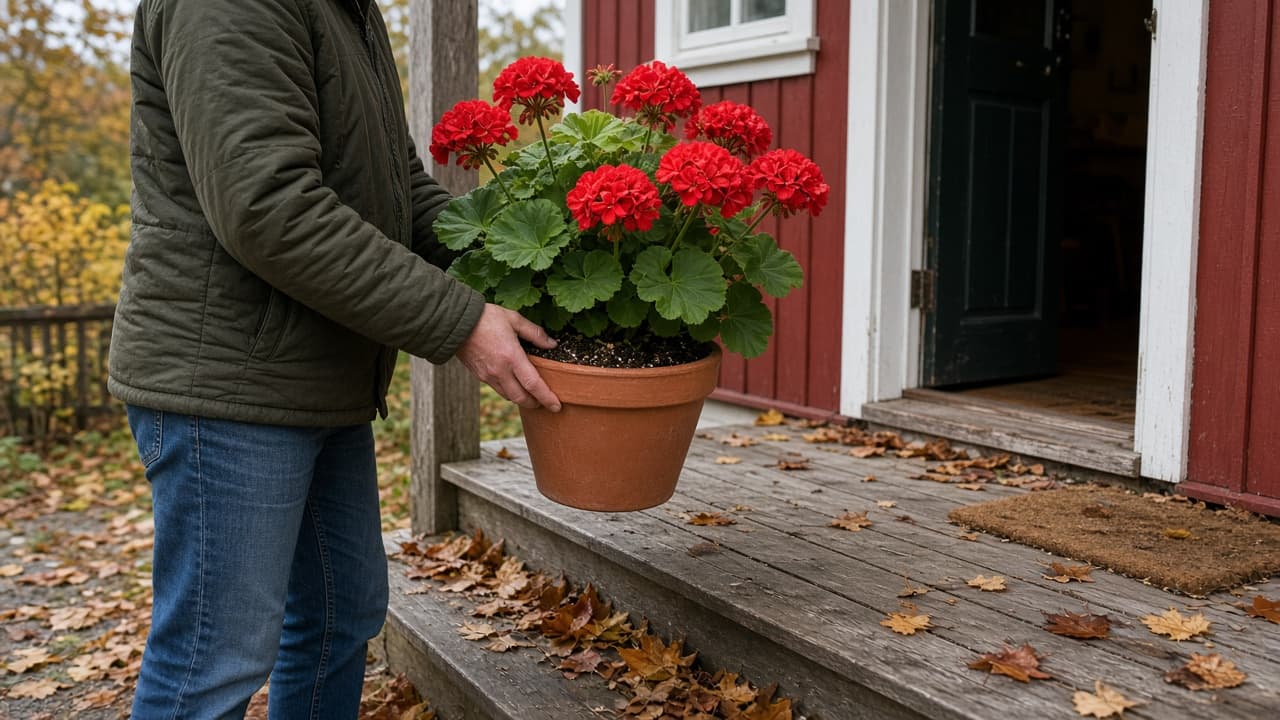 Pelargonier i potter klare for inntaking før høstfrosten