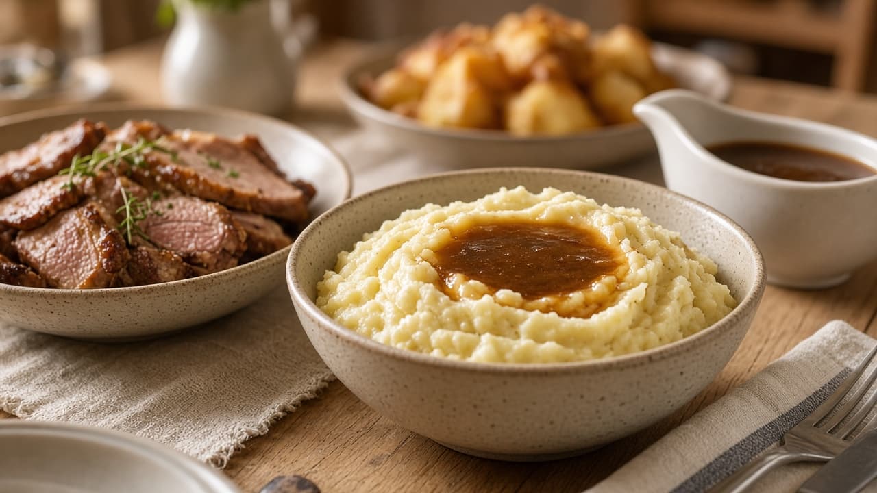 Potetstappe og brun saus servert til middag – mengder per person