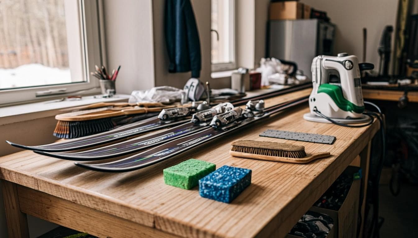 Langrennsski på bukk med smøringsboks og kork klar for smøring