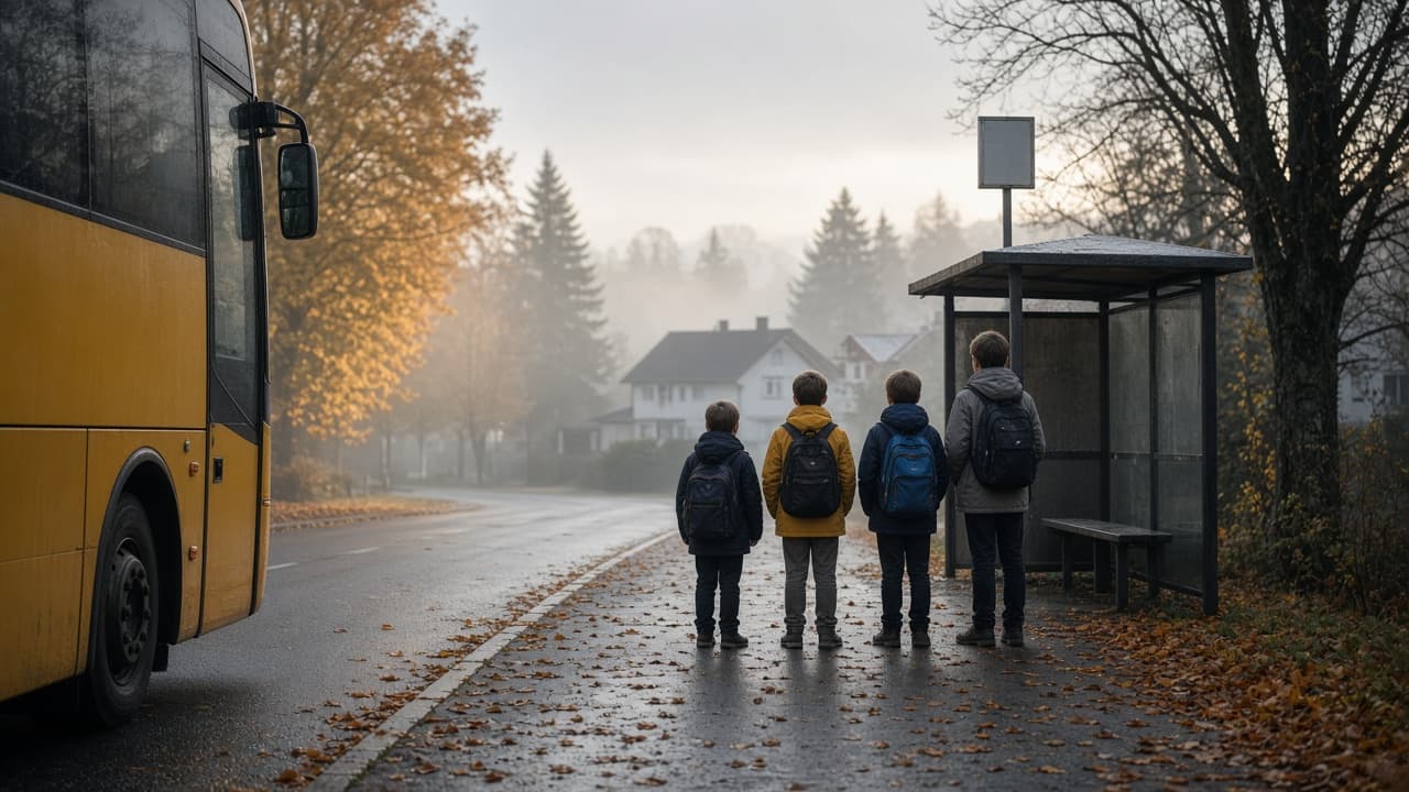 Barn ved holdeplass klar for skoleskyss – refleks og sekk