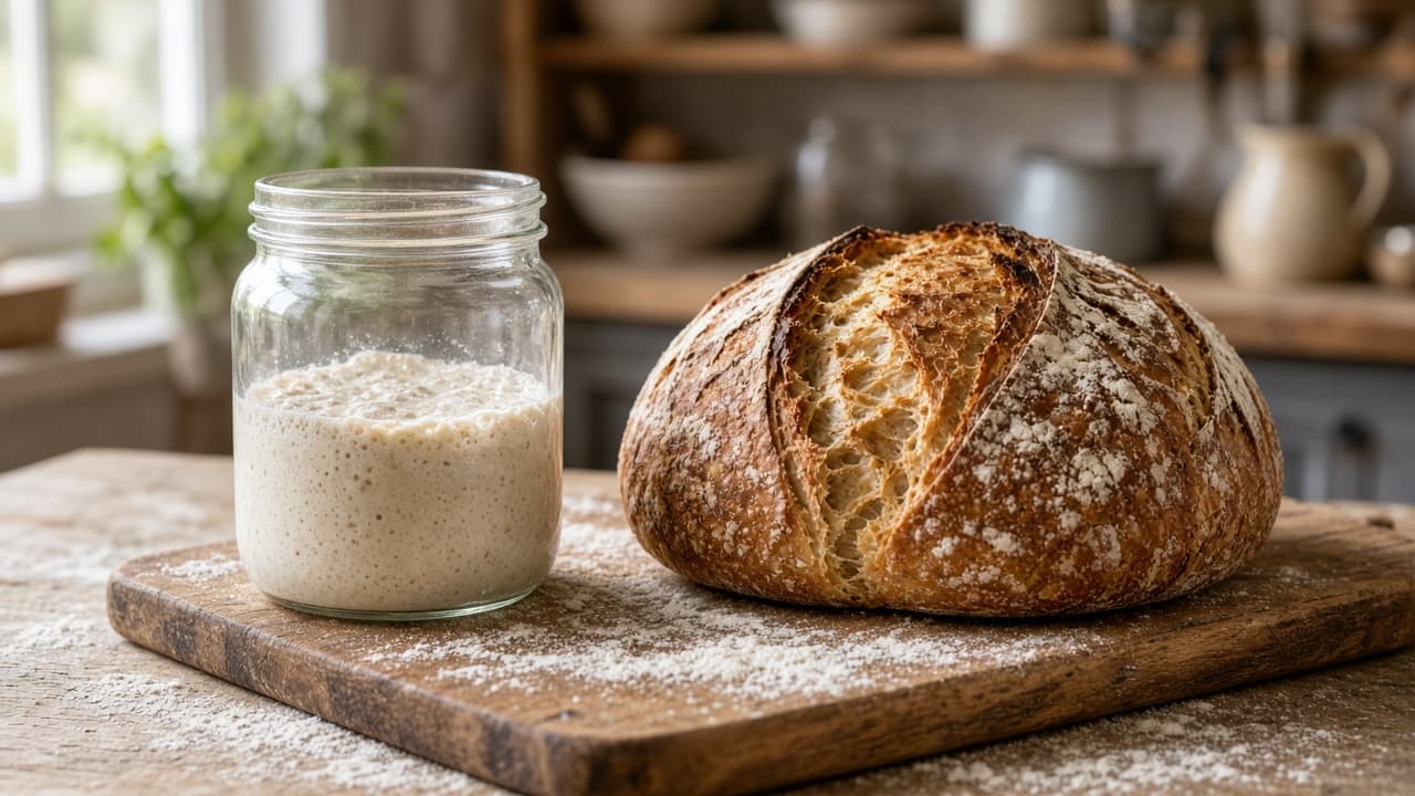 Surdeigsstarter i glass og nystekt surdeigsbrød på fjøl