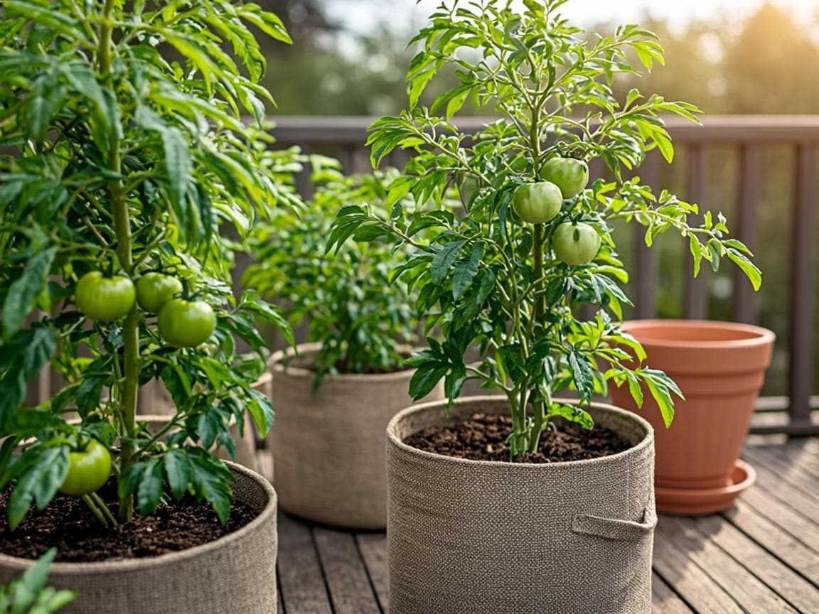 Tomatplanter i potter på solrik terrasse
