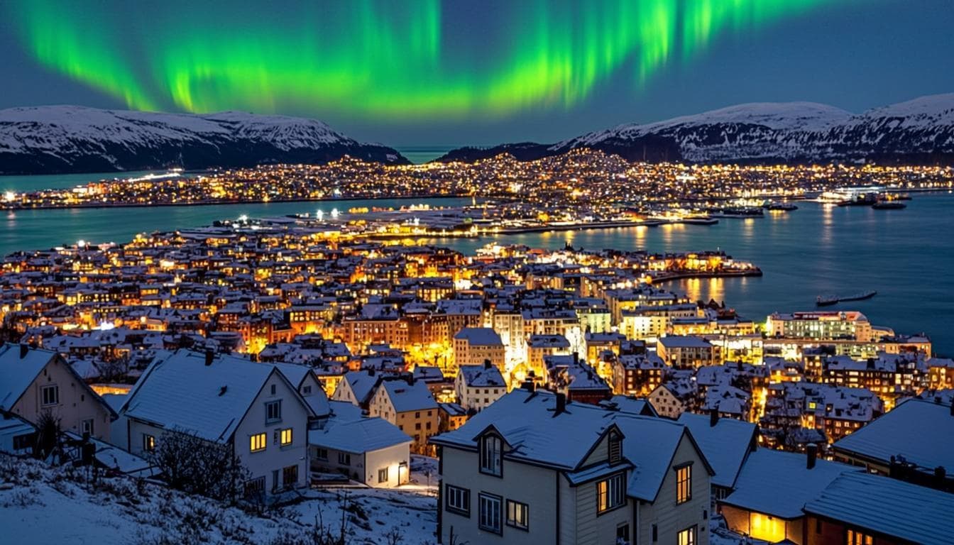 Nordlys over snødekket Tromsø om natten