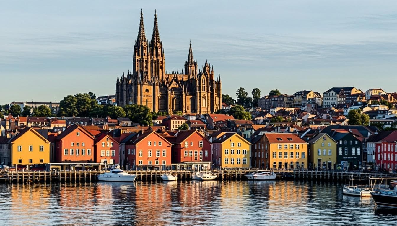 Nidarosdomen og gamle trehus i Trondheim