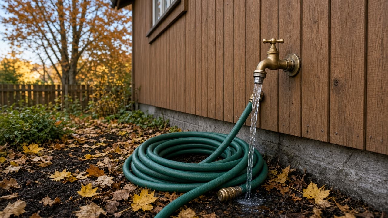 Utekran og sammenrullet hageslange klar for tømming før frost
