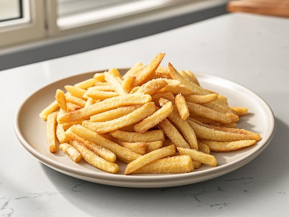 Gylne, sprø pommes frites fra airfryer på tallerken