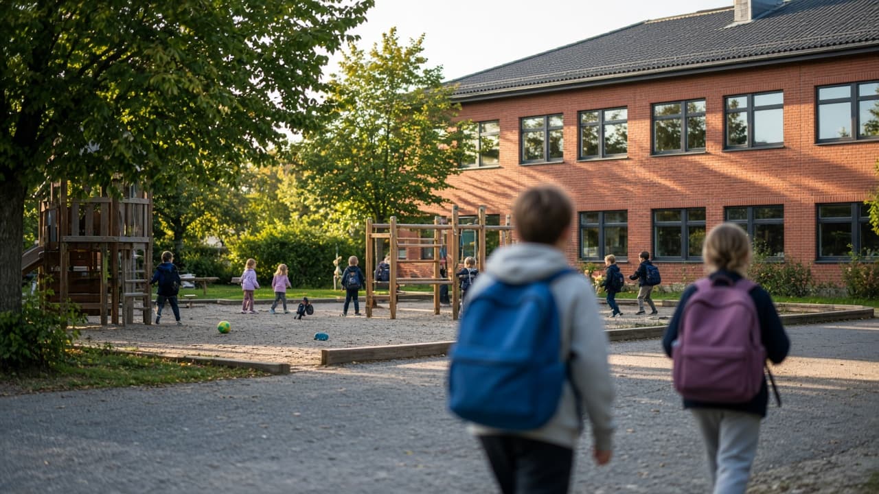Barn med sekk utenfor skole/SFO i august – skolestart etter sommeren