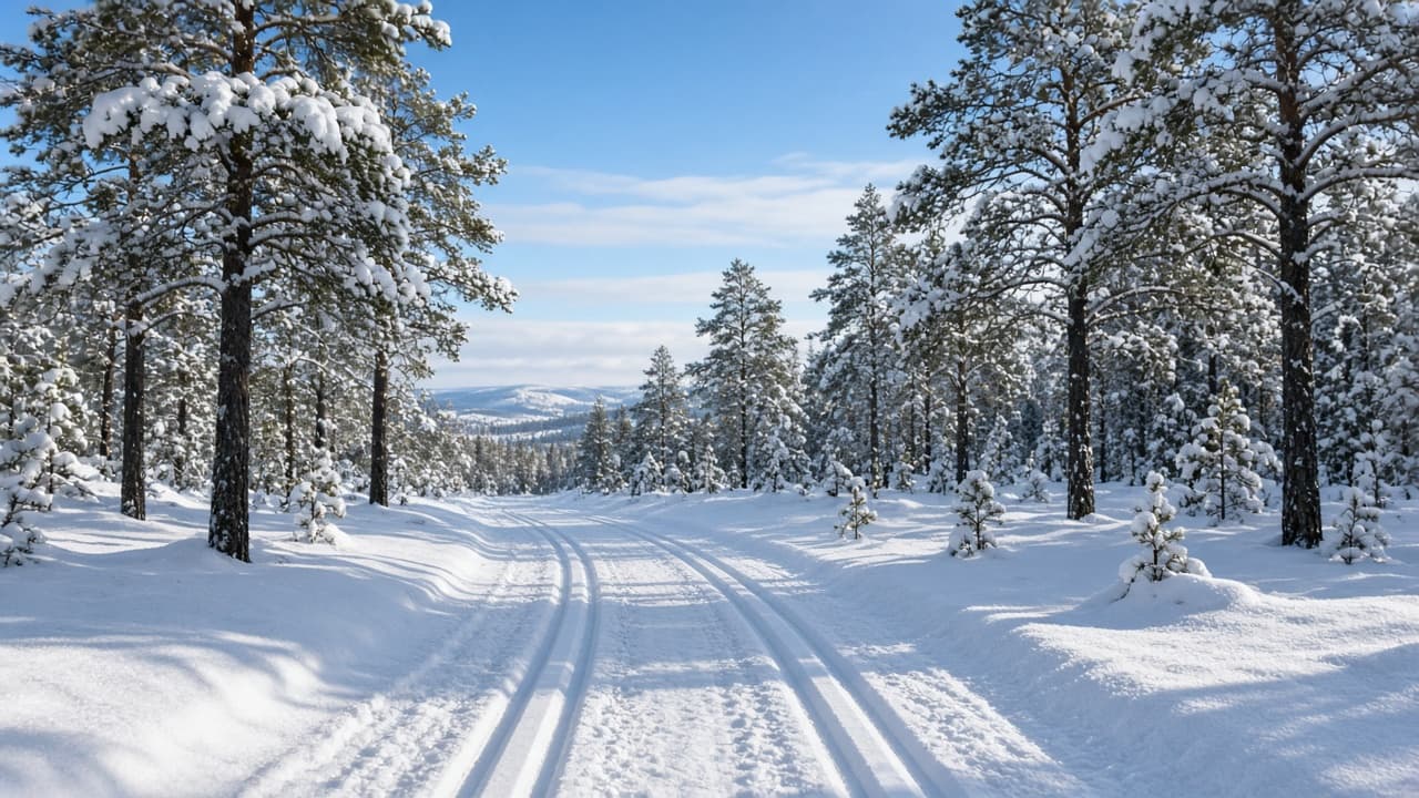 Preparert skiløype i norsk marka med snødekte trær