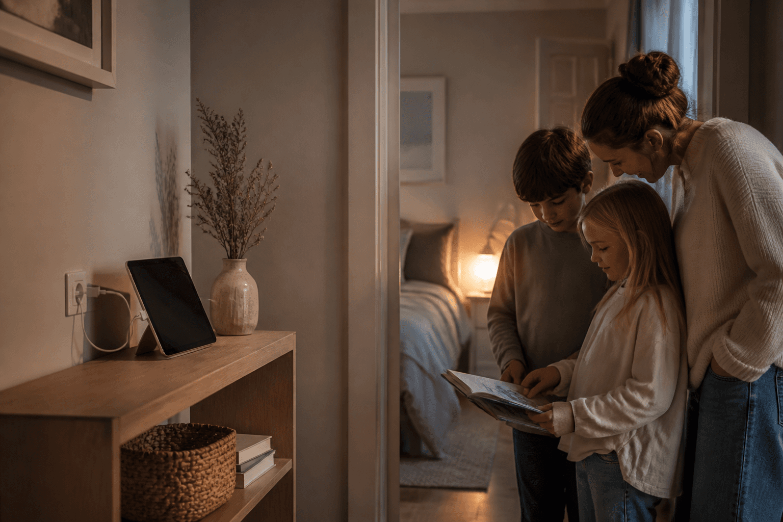 Familie i stue med skjermer lagt bort til lading utenfor soverommet